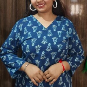 Noor V-neck blue cotton short kurti with corset back — buy online Twinkle Fashion